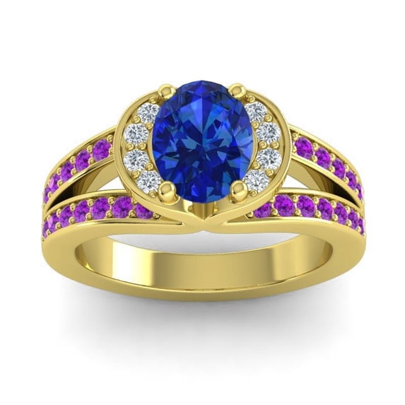 2.35 Carat Oval Cut Blue Sapphire & Amethyst Gemstone Unique Wedding Ring for Women Solid 14K Yellow Gold Size 11.5 by Diamond-Capitals