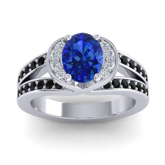 2.35 Carat Oval Cut Blue Sapphire & Black Onyx Gemstone Shiny Engagement Ring for Ladies Solid 14K White Gold Size 4.5 by Diamond-Capitals