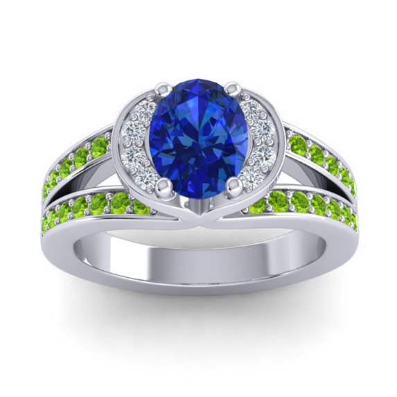 2.35 Carat Oval Cut Blue Sapphire & Peridot Gemstone Unique Wedding Ring for Women 18K White Gold Size 4.5 by Diamond-Capitals