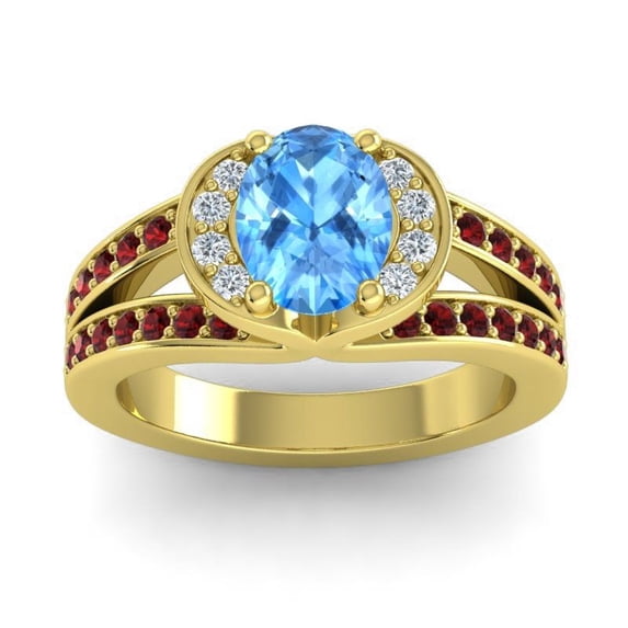 2.35 Carat Oval Cut Blue Topaz & Garnet Gemstone Stunning Anniversary Ring for Women Solid 14K Yellow Gold Size 9 by Diamond-Capitals