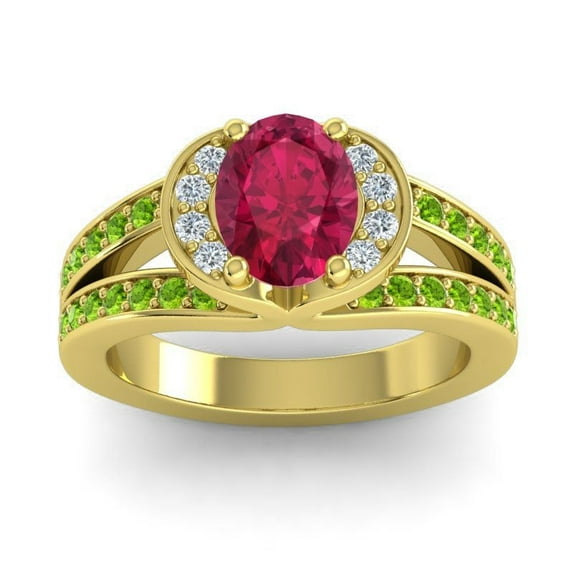 2.35 Carat Oval Cut Red Ruby & Peridot Gemstone Classic Anniversary Ring for her 18K Yellow Gold Size 8.5 by Diamond-Capitals