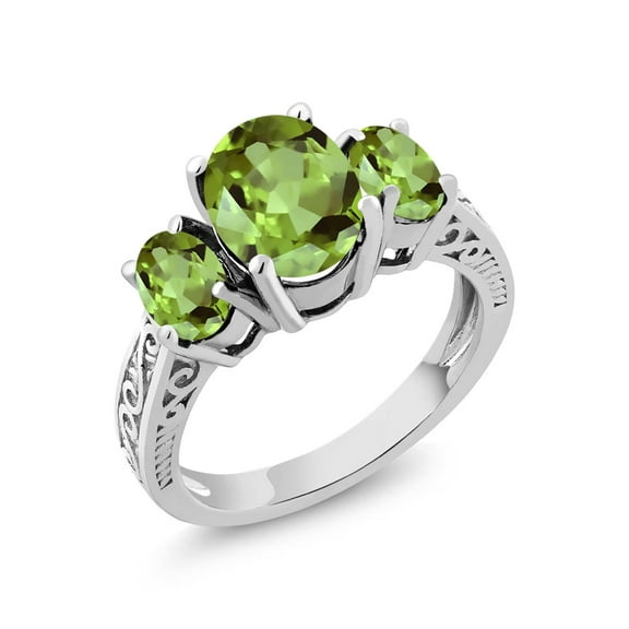 Gem Stone King 925 Sterling Silver Green Peridot 3-Stone Women Ring (2.35 Cttw, Oval Gemstone Birthstone, Available in Size 5, 6, 7, 8, 9)