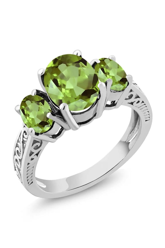 925 Sterling Silver Green Peridot 3-Stone Women Ring (2.35 Cttw, Oval Gemstone Birthstone, Available in Size 5, 6, 7, 8, 9)