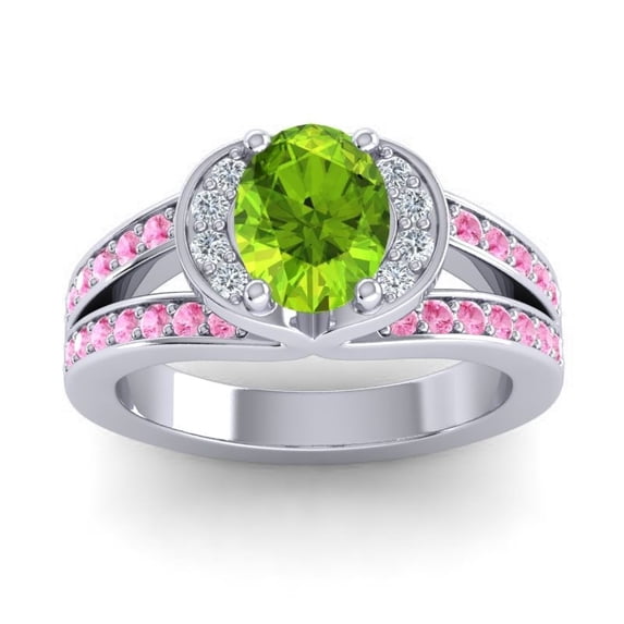 2.35 T.C.W Unique Oval Cut Peridot & Pink Sapphire Gemstone Wedding Ring for her Solid 14K White Gold Size 5.5 by Diamond-Capitals