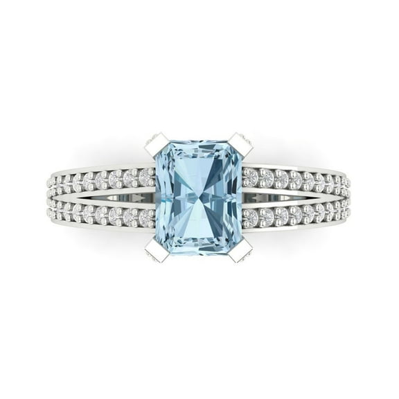2.35 ct Emerald Cut Natural Swiss Blue Topaz Solitaire with Simulated Diamond Accents 14K White Gold Womens Engagement Ring