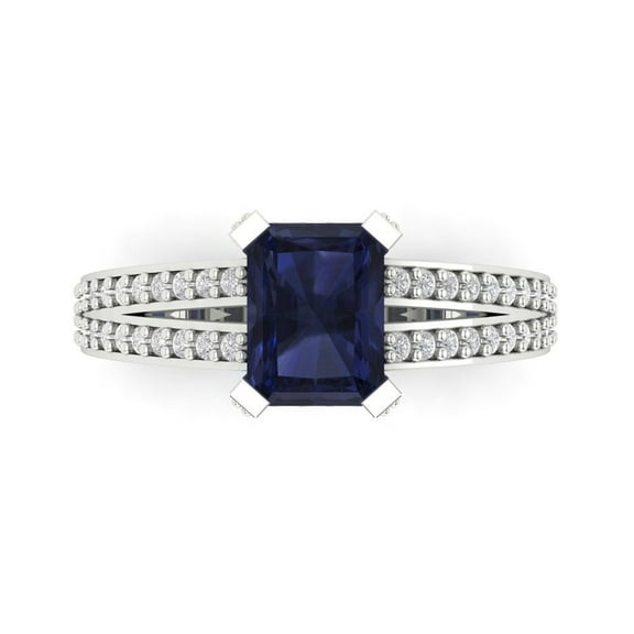 2.35 ct Emerald Cut Simulated Blue Sapphire Solitaire with Accents Engagement Ring for Women in 14K White Gold