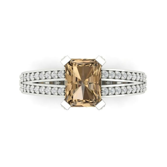 2.35 ct Emerald Cut Simulated Champagne Diamond Solitaire with Simulated Diamond Accents 14K White Gold Womens Engagement Ring