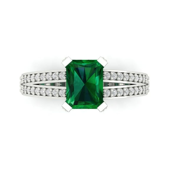 2.35 ct Emerald Cut Simulated Emerald Solitaire with Simulated Diamond Accents 14K White Gold Womens Engagement Ring
