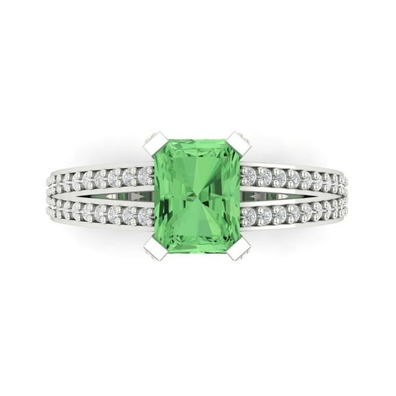 2.35 ct Emerald Cut Simulated Green Diamond Solitaire with Simulated Diamond Accents 14K White Gold Womens Engagement Ring