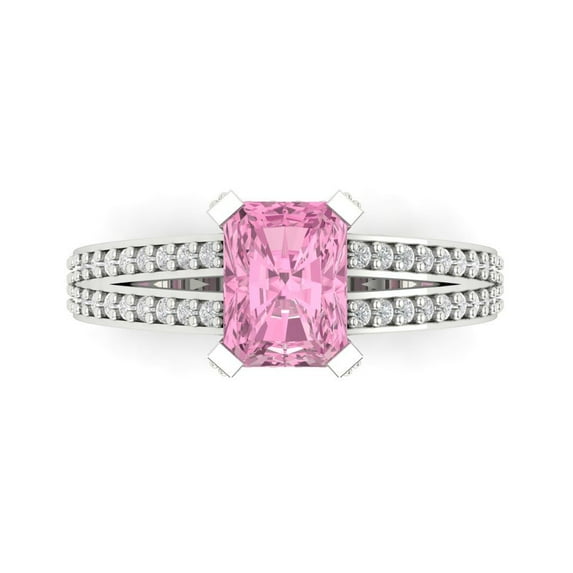 2.35 ct Emerald Cut Simulated Pink Diamond Solitaire with Accents Engagement Ring for Women in 18K White Gold