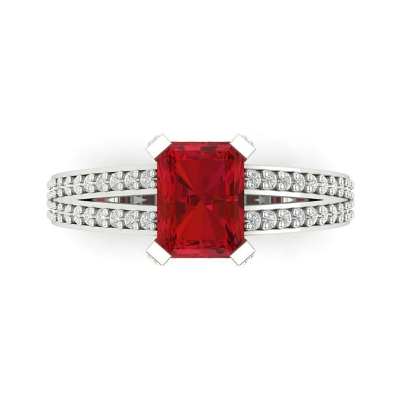 2.35 ct Emerald Cut Simulated Pink Tourmaline Solitaire with Simulated Diamond Accents 14K White Gold Womens Engagement Ring