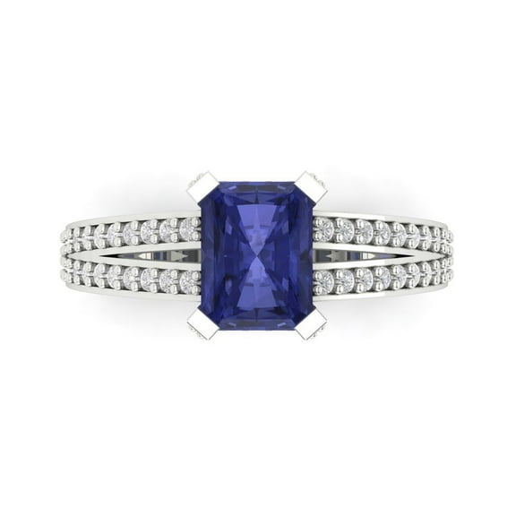 2.35 ct Emerald Cut Simulated Tanzanite Solitaire with Accents Engagement Ring for Women in 14K White Gold