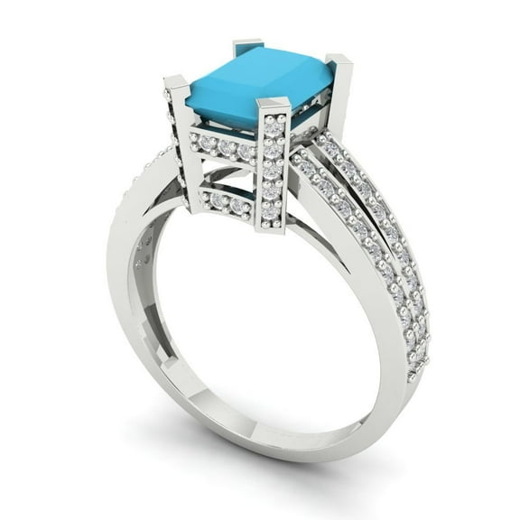 2.35 ct Emerald Cut Simulated Turquoise Solitaire with Accents Engagement Ring for Women in 18K White Gold