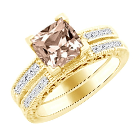 AFFY (2.35 cttw) Simulated Pink Morganite & White Diamond Engagement Wedding Ring Set In 14k Yellow Gold With Ring Size -4