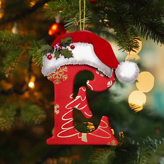 2.36 Inch 2D Acrylic Christmas Letter Pendant E with Santa Hat Red Bow DIY Tree Hanging Decor