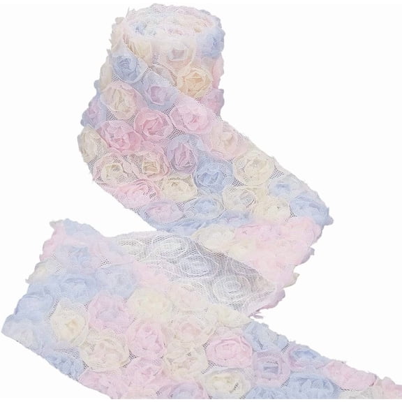 2.36 Inch Blue 3D Rose Ribbon Embroidered Floral Elegant Lace Trims Single Face Fabric Polyester Lavender Flowers Trim Ribbons