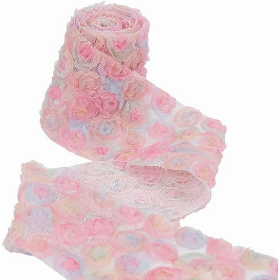 2.36 Inch Pink Embroidered 3D Rose Ribbon Single Face Mesh Fabric Elegant Lace Trims Polyester Floral Embroidery Ribbons