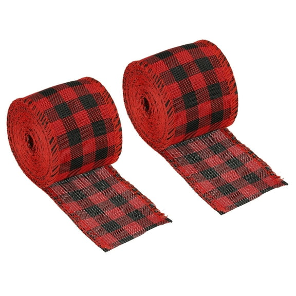 2.36 Inch Wide 6.56 Yards Polyester Gingham Ribbon Wired Edge Ribbon, 2 Pack for Decoration Black and Red