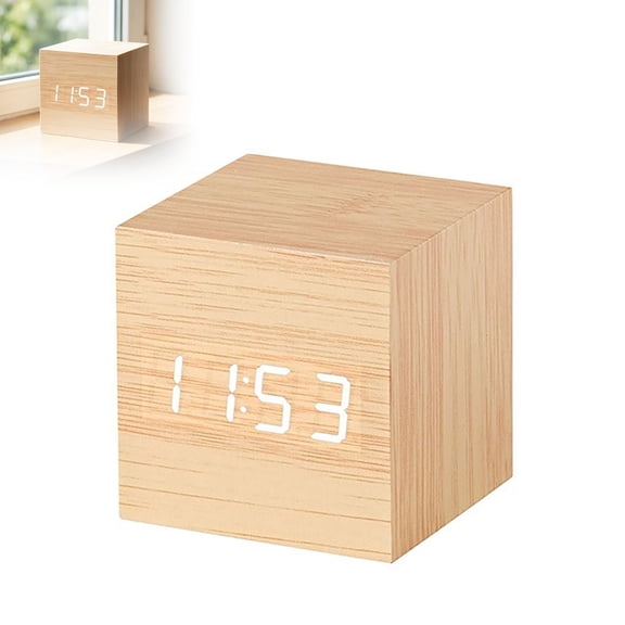 2.36" Mini Wooden Cube Digital Alarm Clock, Voice Control LED Display with Time/Date/Temp for Bedroom