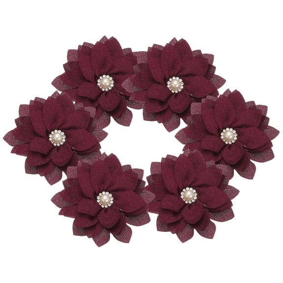 2.36 in Rhinestone Chiffon Flower, 6 Pcs Fabric Flowers Rhinestone Pearl Sewing Appliques for DIY Crafts Dresses Clothing Headbands Wedding Decoration, Wine Red