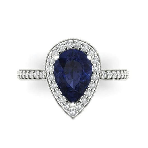 Halo Engagement Ring for Women - 2.36ct Simulated Blue Sapphire in 14K White Gold Promise Ring