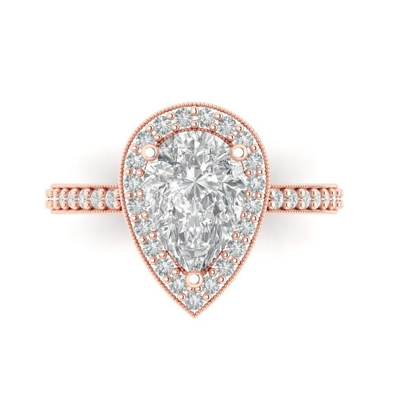 2.36 ct Pear Cut Moissanite with Simulated Diamond Halo Accents 14K Rose Gold Womens Engagement Ring