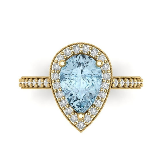 2.36 ct Pear Cut Natural Aquamarine with Simulated Diamond Halo Accents 14K Yellow Gold Womens Engagement Ring