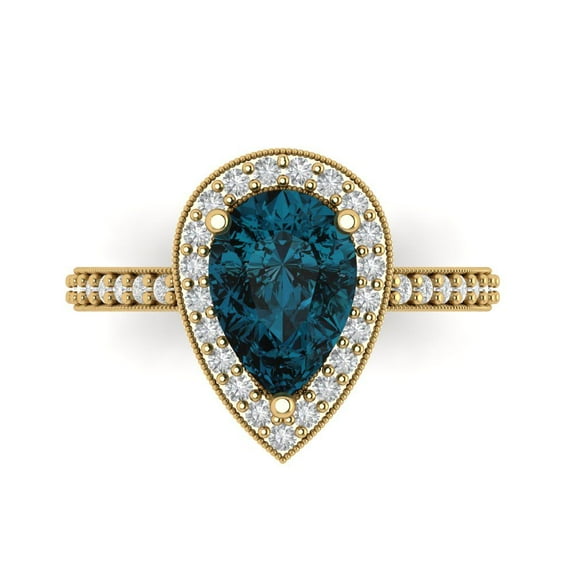 2.36 ct Pear Cut Natural London Blue Topaz with Simulated Diamond Halo Accents 18K Yellow Gold Womens Engagement Ring