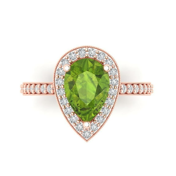 2.36 ct Pear Cut Natural Peridot with Simulated Diamond Halo Accents 14K Rose Gold Womens Engagement Ring