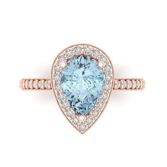 2.36 ct Pear Cut Natural Sky Blue Topaz with Simulated Diamond Halo Accents 18K Rose Gold Womens Engagement Ring