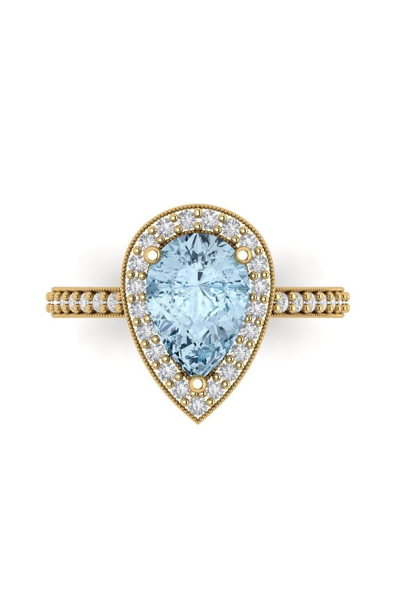 2.36 ct Pear Cut Natural Swiss Blue Topaz with Simulated Diamond Halo Accents 14K Yellow Gold Womens Engagement Ring
