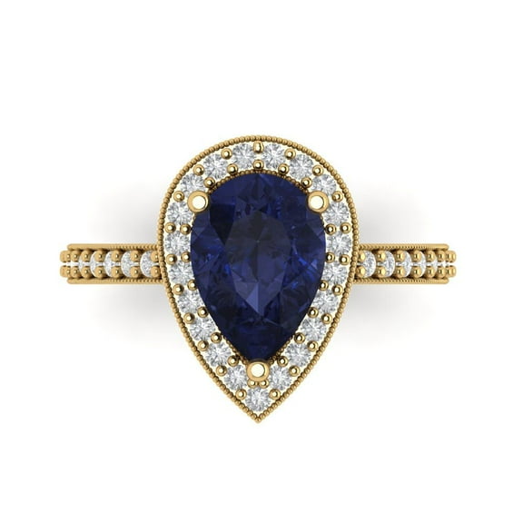 2.36 ctw with Simulated Diamond Halo Accents Anniversary Ring for Women | Pear Cut Simulated Blue Sapphire | Hyperallergenic Solid 14K Yellow Gold