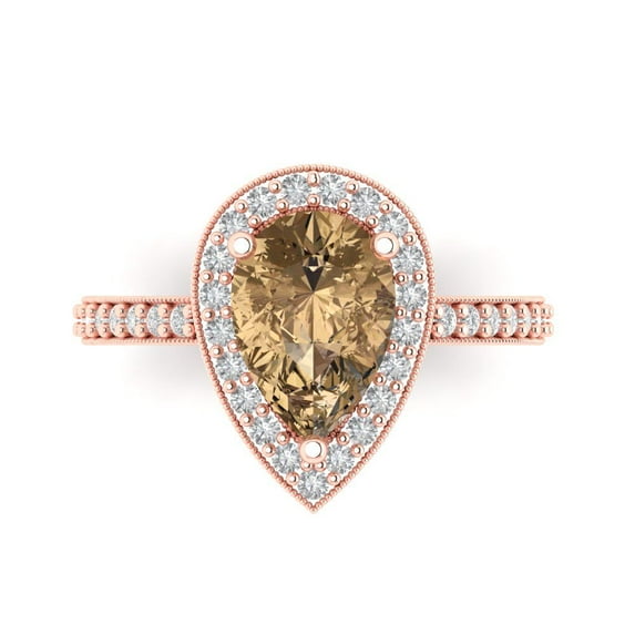 2.36 ctw with Simulated Diamond Halo Accents Anniversary Ring for Women | Pear Cut Simulated Champagne Diamond | Hyperallergenic Solid 18K Rose Gold