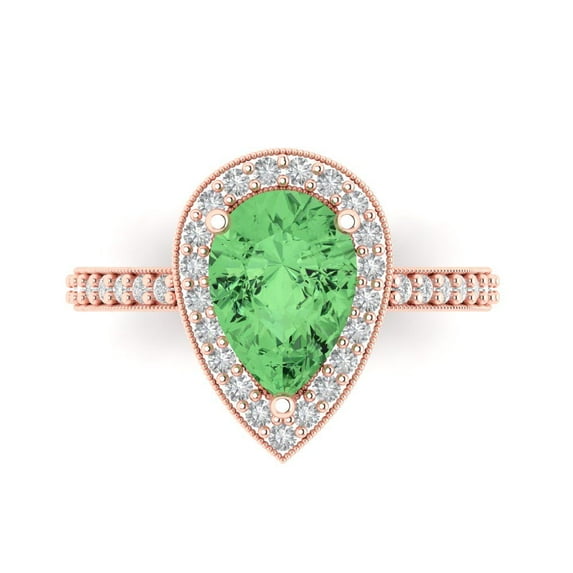 2.36 ctw with Simulated Diamond Halo Accents Anniversary Ring for Women | Pear Cut Simulated Green Diamond | Hyperallergenic Solid 14K Rose Gold