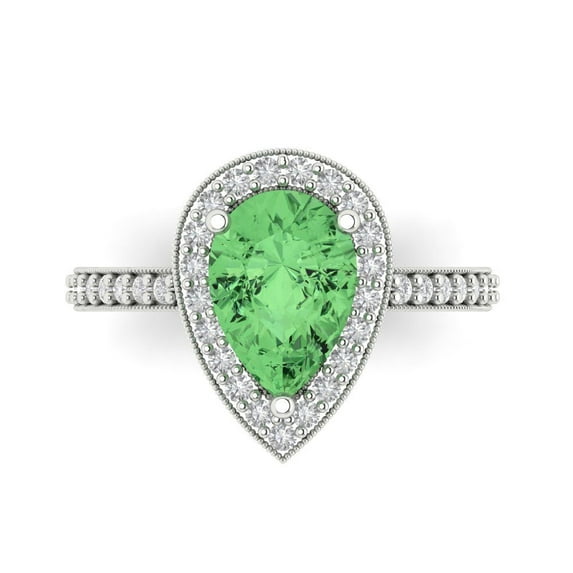 2.36 ct Pear Cut Simulated Green Diamond with Simulated Diamond Halo Accents 18K White Gold Womens Engagement Ring