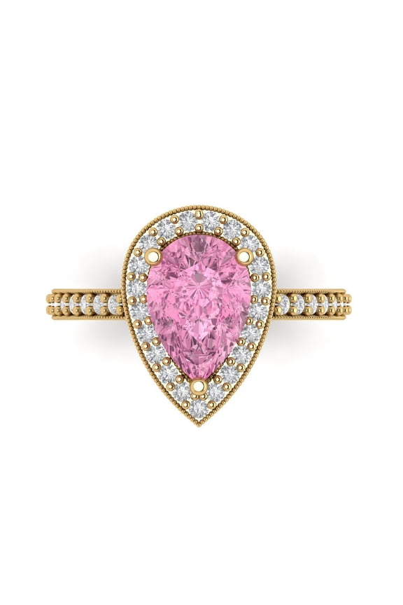 2.36 ctw with Simulated Diamond Halo Accents Anniversary Ring for Women | Pear Cut Simulated Pink Diamond | Hyperallergenic Solid 18K Yellow Gold