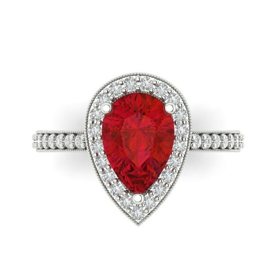 2.36 ct Pear Cut Simulated Ruby with Simulated Diamond Halo Accents 14K White Gold Womens Engagement Ring