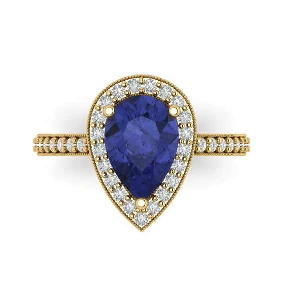 2.36 ct Pear Cut Simulated Tanzanite with Simulated Diamond Halo Accents 14K Yellow Gold Womens Engagement Ring