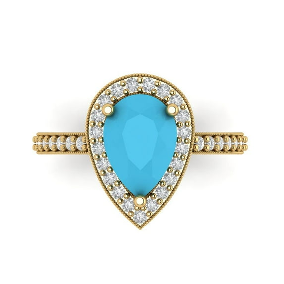 2.36 ct Pear Cut Simulated Turquoise with Simulated Diamond Halo Accents 18K Yellow Gold Womens Engagement Ring