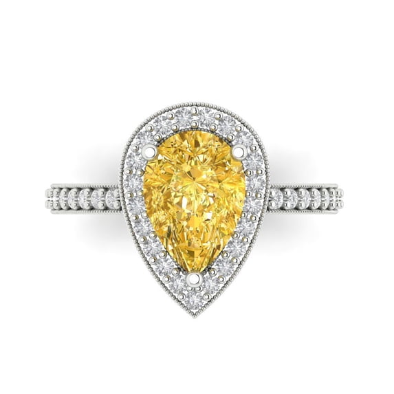 2.36 ct Pear Cut Simulated Yellow Diamond with Simulated Diamond Halo Accents 14K White Gold Womens Engagement Ring