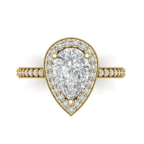 2.36 ct Pear Cut White Sapphire with Simulated Diamond Halo Accents 14K Yellow Gold Womens Engagement Ring