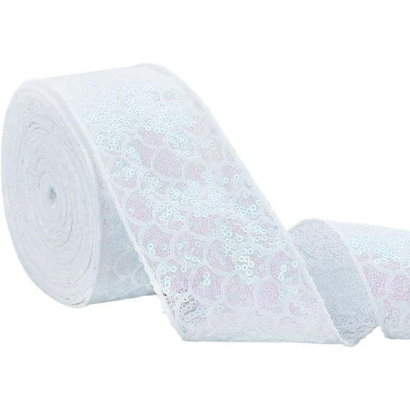2.36 inch Glitter Wired Ribbon 10.9 Yards White Diamond Ribbon Sequins Lace Mesh Trim for Wreaths Garland Gift Wrapping Large Bows Making Crafts Christmas Tree Home Dcor White