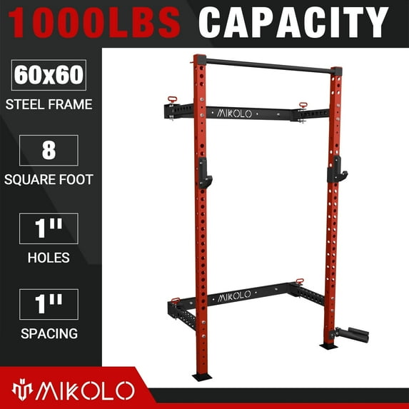 2.36" x 2.36" Folding Wall Mounted Squat Rack, 1000lbs Capacity Power Rack with Pull Up Bar, J Hooks, Landmine,Space-Saving Home Gym