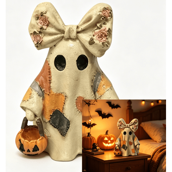 2.36 x 3.94 inch Lighted Vintage Resin Ghost, Light Up Retro Quilted Ghost Ornament, Cozy Spooky Halloween Decoration for Indoor Outdoor Home Decor