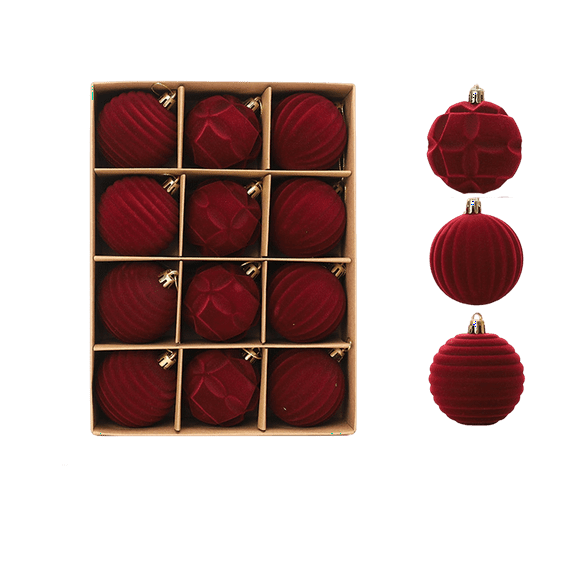 2.36Inch Burgundy Velvet Christmas Ornaments Balls Flocked Christmas Tree 12PCS Plastic Balls Xmas Hanging Ornaments Decoration Red