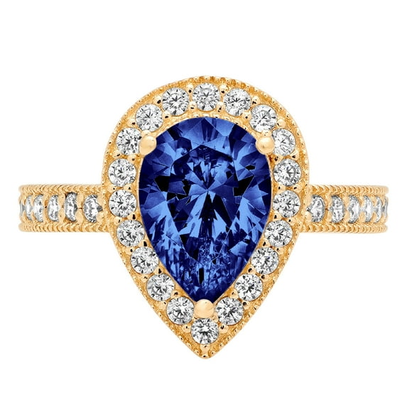 2.36 ct Pear Cut Simulated Tanzanite with Simulated Diamond Halo Accents 18K Yellow Gold Womens Engagement Ring