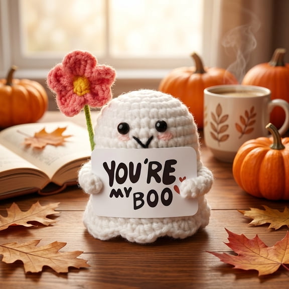 2.36in Hand-Knitted Smiling Ghost Figurine with Flower and Card, 5 Crochet Halloween Styles, Soft Yarn Tabletop Shelf Decoration Collectible – Choose Your Favorite Design