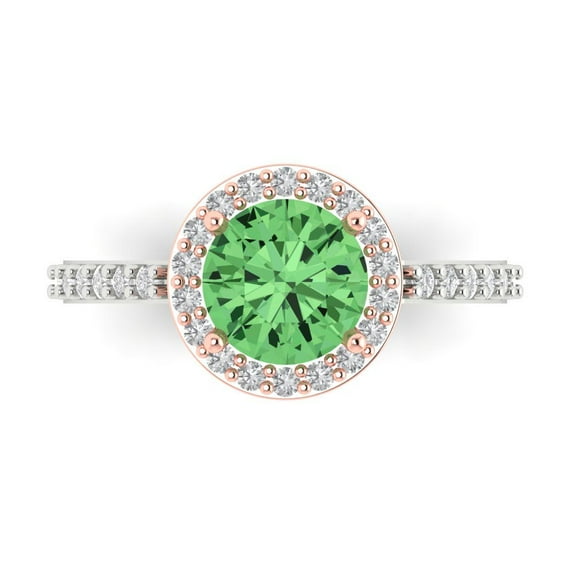 Clara Pucci 14K White/Rose Gold Solid Gold Green Solitaire with Accents Anniversary Ring for Women - 1.86 cttw Round Cut