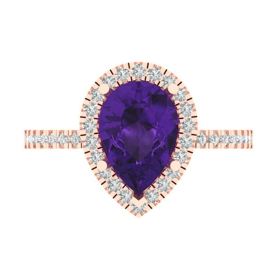 2.38 ctw with Simulated Diamond Halo Accents Anniversary Ring for Women | Pear Cut Natural Amethyst | Hyperallergenic Solid 14K Rose Gold