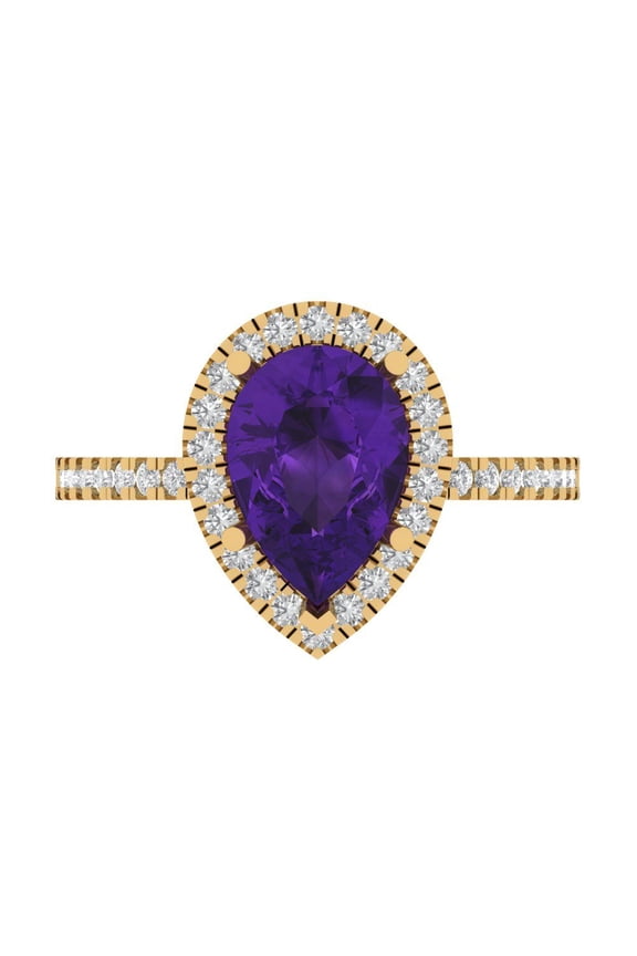 2.38 ctw with Simulated Diamond Halo Accents Anniversary Ring for Women | Pear Cut Natural Amethyst | Hyperallergenic Solid 14K Yellow Gold